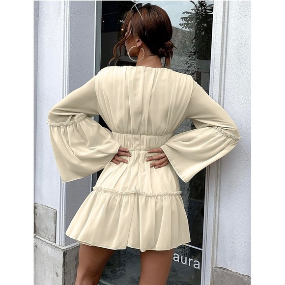 NWT Missord Cream Chiffon Ruffle Mini Dress XL Plunge V Neck Long Bell Sleeve - Picture 2 of 16